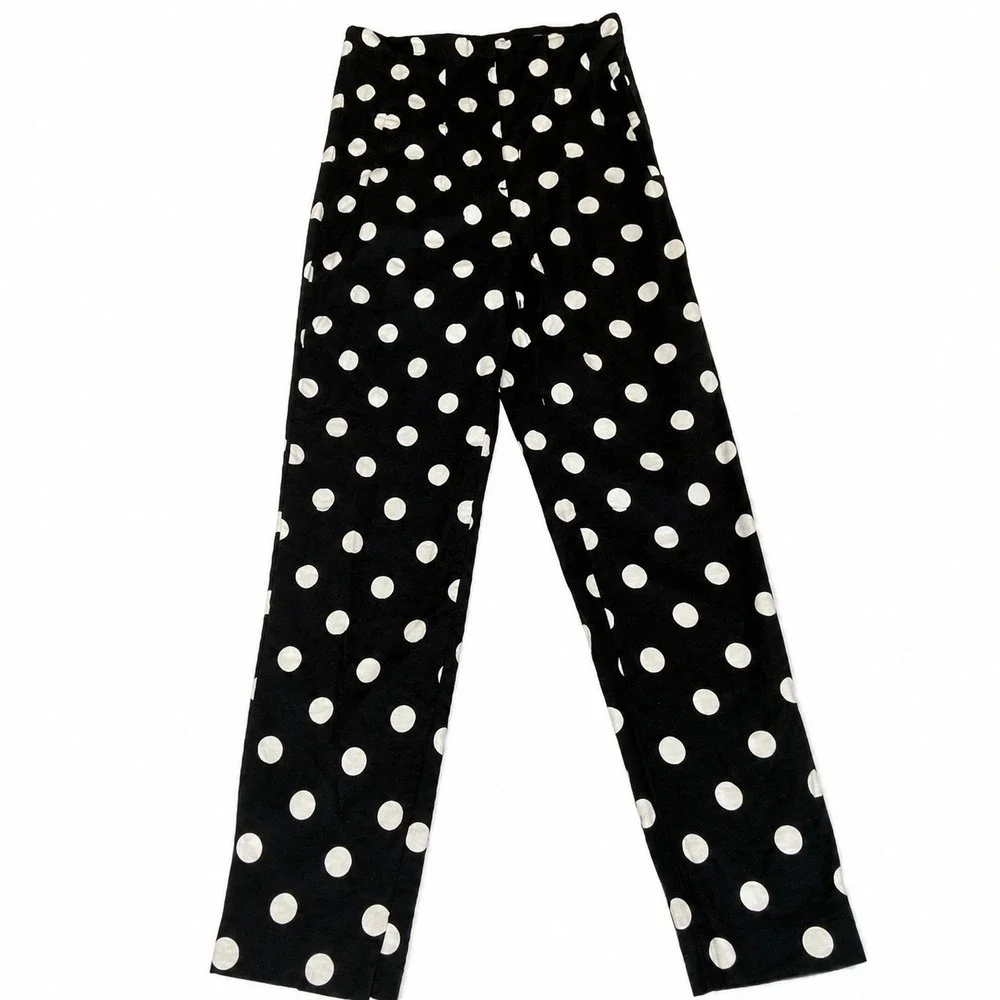 Zara Polka Dot Trousers Women XS Black White Linen Blend High Rise Straight Leg
